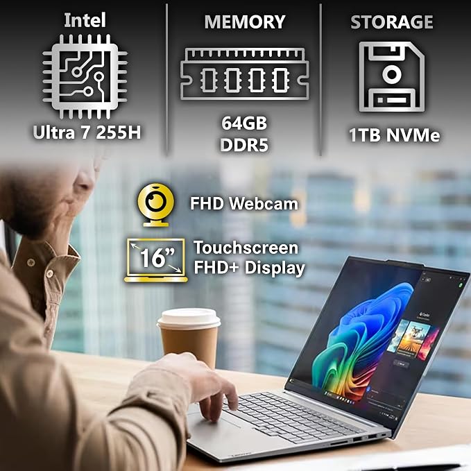 Lenovo ThinkBook 16 G8 AI Business Laptop, 16 Touchscreen FHD+, Intel Core Ultra 7 255H, 64GB DDR5 RAM, 1TB SSD PCIe, WiFi 6E + BT, HDMI, Fingerprint Reader, Backlit KB, FHD Webcam, Win 11 Pro - Gray