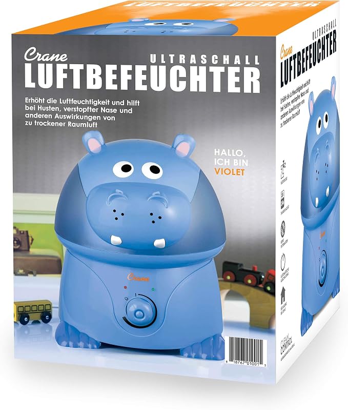 Crane Animal Humidifier for Kids Bedroom, 1 Gal. Cool Mist Humidifier with Adjustable Settings, Optional Filter, Auto Shut-Off, Hippo
