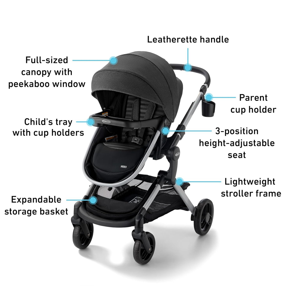 Graco® Modes Nest DLX Travel System, 3-in1 Modular Baby Carseat Stroller Combo, Adjustable Slide2Me Infant Car Seat Carrier, Pramette, to Toddler Stroller, Includes SnugRide DLX Infant Car Seat, Raven