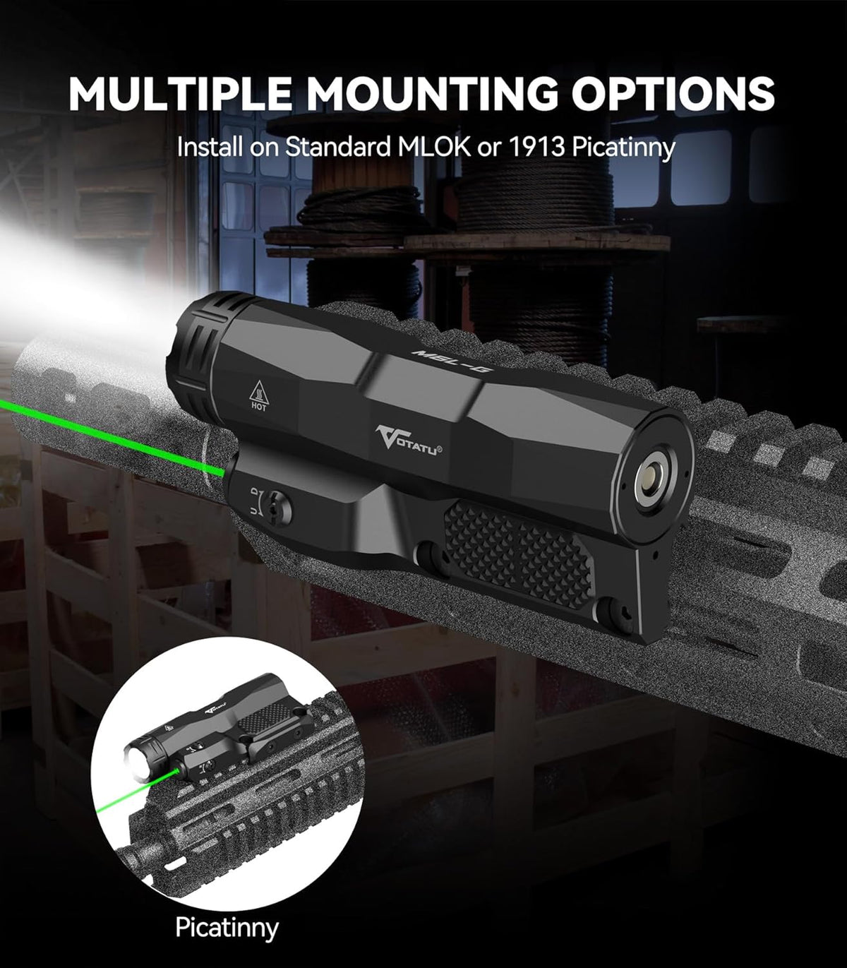 VOTATU M6L-G Flashlight Laser Combo - 2400 Lumens LED Light with Green Laser & Tactical Strobe | USB Rechargeable