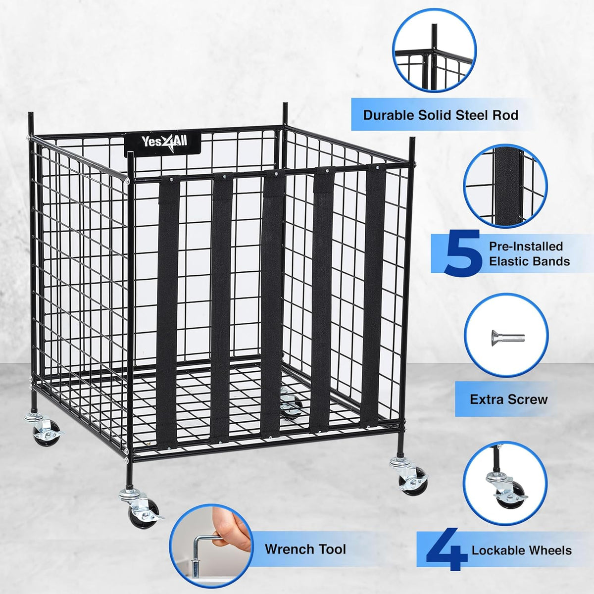 YES4ALL Rolling Ball Cart - Lockable Wheels Sports Equipment Organizer | Volleyball & Basketball Holder, Garage Storage Bin