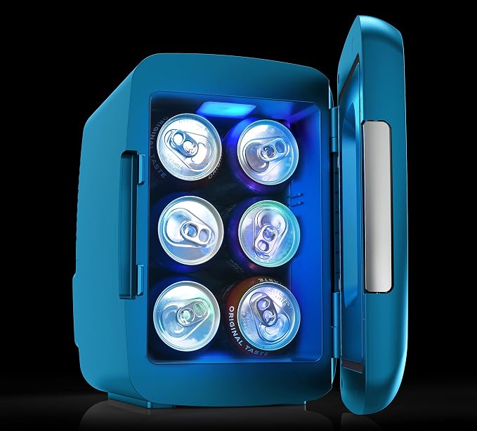 Frigidaire Gaming Light Up Mini Beverage Refrigerator, 6 can, 4 liters, Cooler with large see through door and LED lights Perfect for Gaming Experience, Home, Office, or Cars.12V Charger (Blue)
