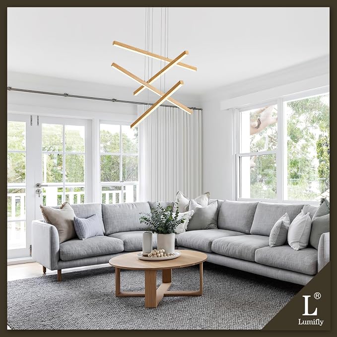 Linear Pendant Light for Dining Room Oak Wood Grain Finish LED 4 Light