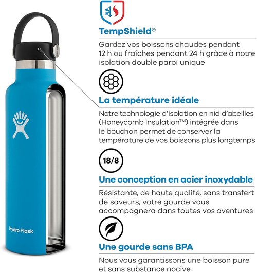 Hydro Flask 24 Oz Standard Mouth Water Bottle - Flexible Straw Cap for Easy Drinking