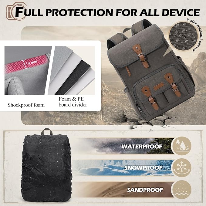 RAINSMORE Camera Bag Backpack for DSLR/SLR Mirrorless 15.6 Inch Laptop Camera