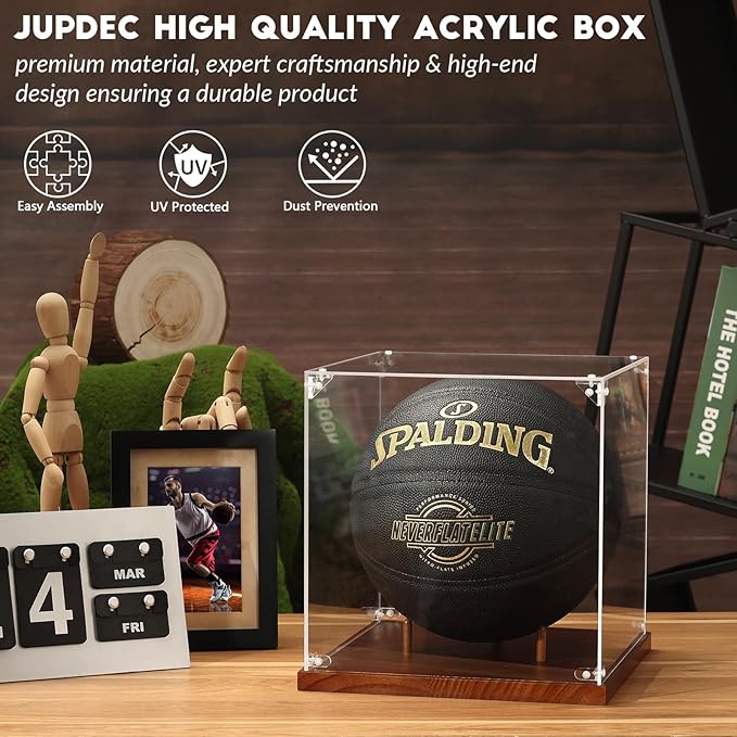 JupDec Basketball Display Case Acrylic Clear 10" Full Size with Solid Wood Base, UV Protected Soccer Display Stand Box for Autographed Standard NBA WNBA Ball Memorabilia Keepsake Ideal Gift Athlete