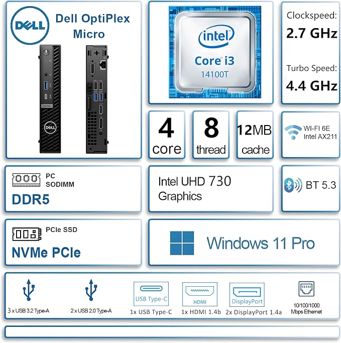 Dell OptiPlex MFF 7000 Mini Desktop Computer 16GB DDR5 RAM, 256GB PCIe SSD | Compact for Office & Workspace, 2026 Copilot AI, WiFi 6E, Triple Monitor Support, Windows 11 Pro