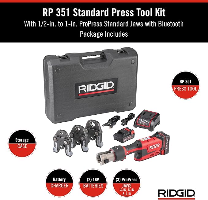 RIDGID 67183 Model RP 351 ProPress Standard Press Tool Kit with Battery, Charger, 1/2" to 1" Press Tool Jaws, and Carrying Case