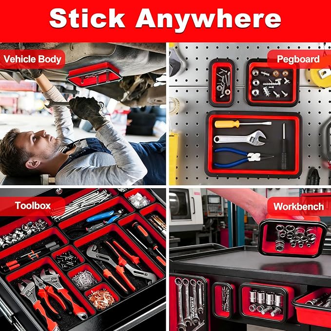 Collapsible Magnetic Parts Tray Set with Extra Strong Magnet Up to 18LB, 3 Different Size Silicone Foldable Tool for Organizing Screw Bolts Nuts Washers Pins and Other Small Metal Parts - Red