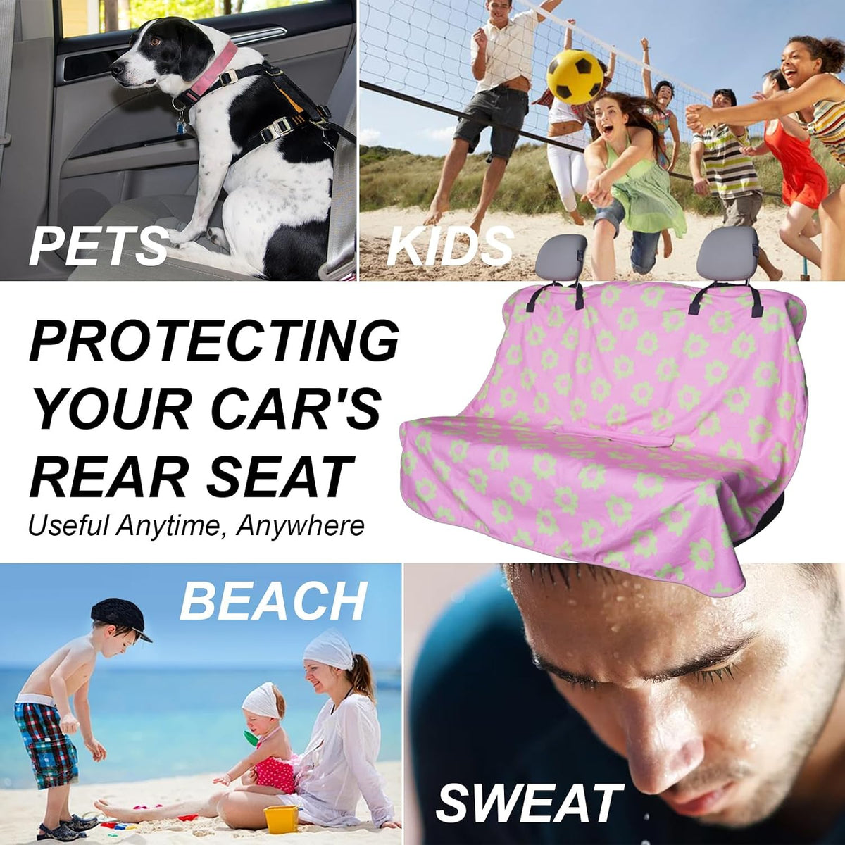 Sweat Towel Car Seat Cover Protector Front Seats for Gym Workout, Running, Swimming, Beach and Hiking, Waterproof Universal Seat Cover for Car, Trucks, Van & SUV (1, Pink Flower, Rear Seat)