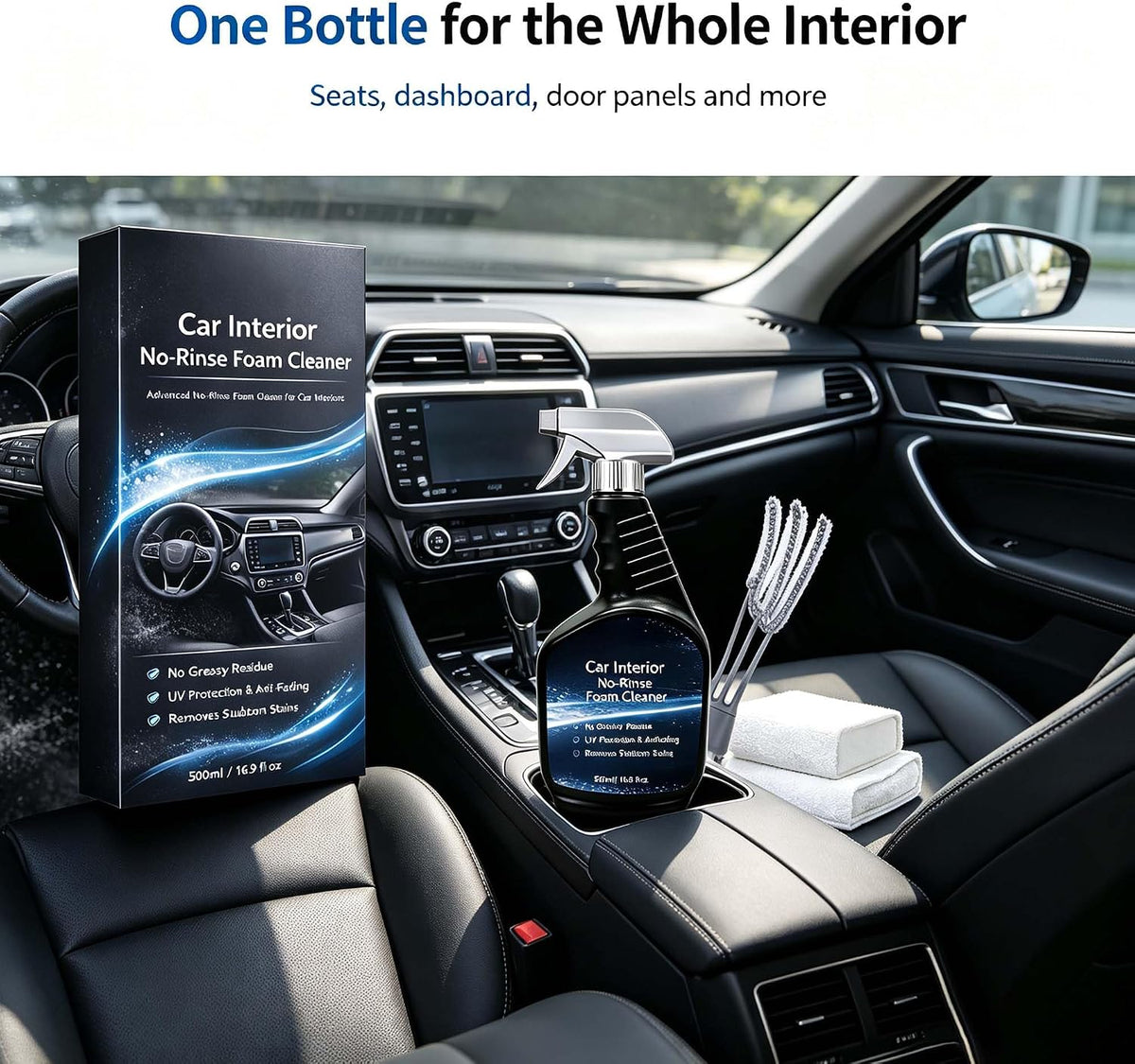 Car Interior Cleaner, 16.9oz Vehicle Interior Cleaner for Tough Stains | Multifunctional Auto Detailing Cleaner with Brush & Towel, Car Cleaner for Car Seats, Carpet, Upholstery, & Leather
