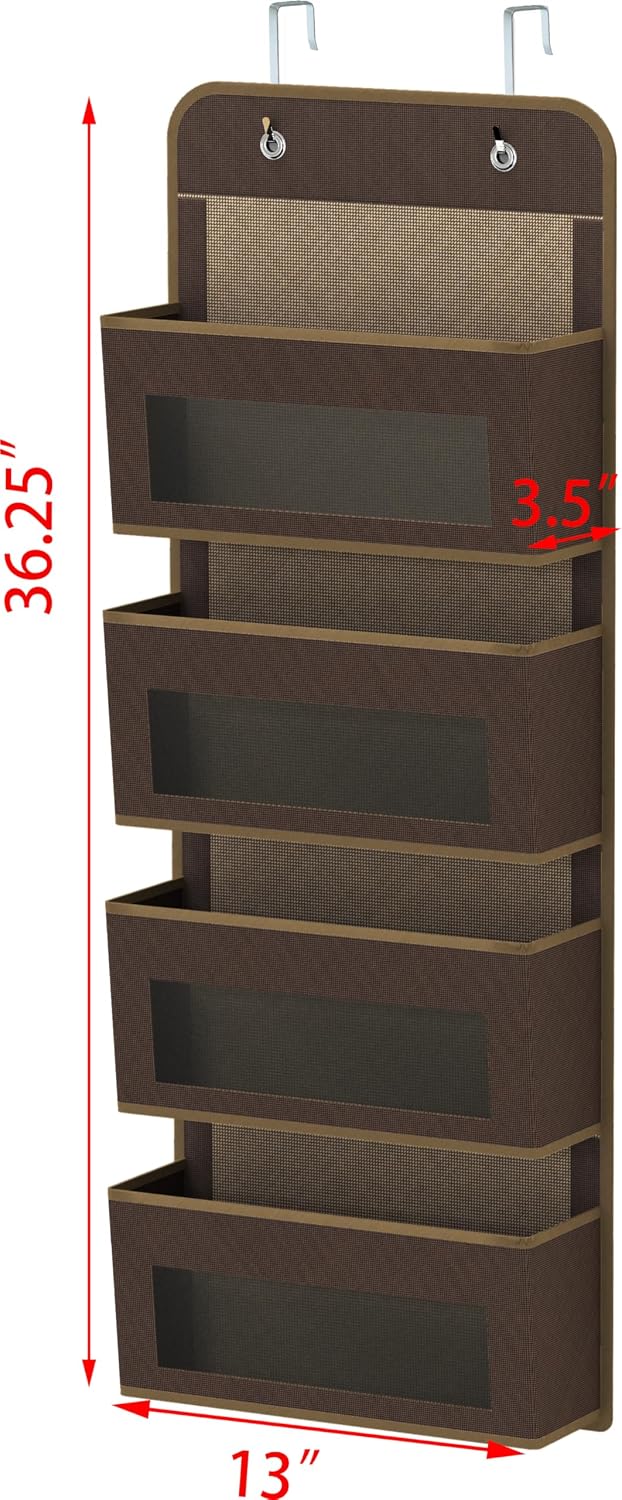 Simple Houseware 4 Clear Window Pocket Over Closet Door Storage Hanging Organizer for Bedroom, Bathroom, Pantry, Brown