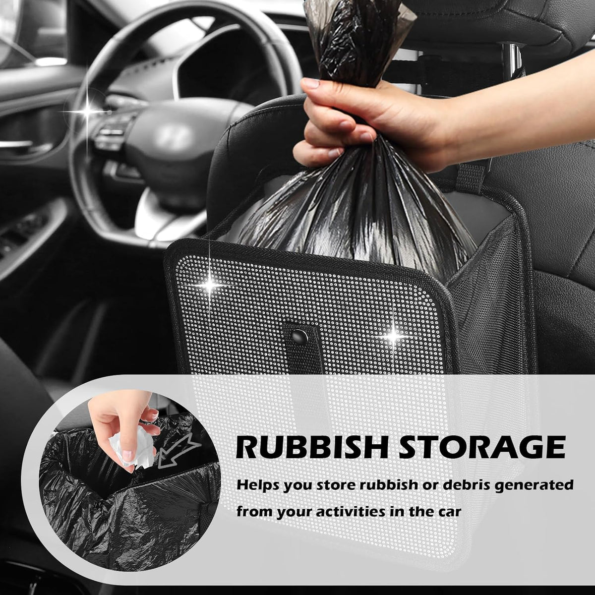 Bling Car Trash Can with Rhinestone,Foldable Car Garbage Can for in-Vehicle Waste Disposal,Multipurpose Hanging Back Seat Organizer & Decorations Fit for Most Cars Trucks