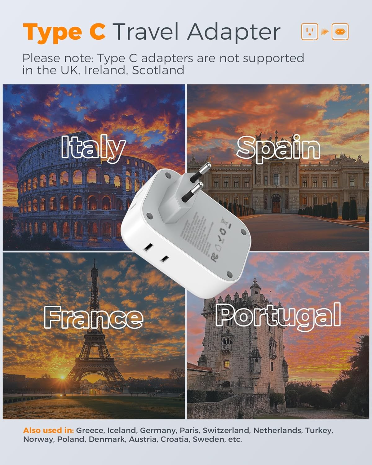 TESSAN European Plug Adapter - 4 Outlets & 3 USB Ports | Type C Travel Charger for Italy, Spain, France, Germany