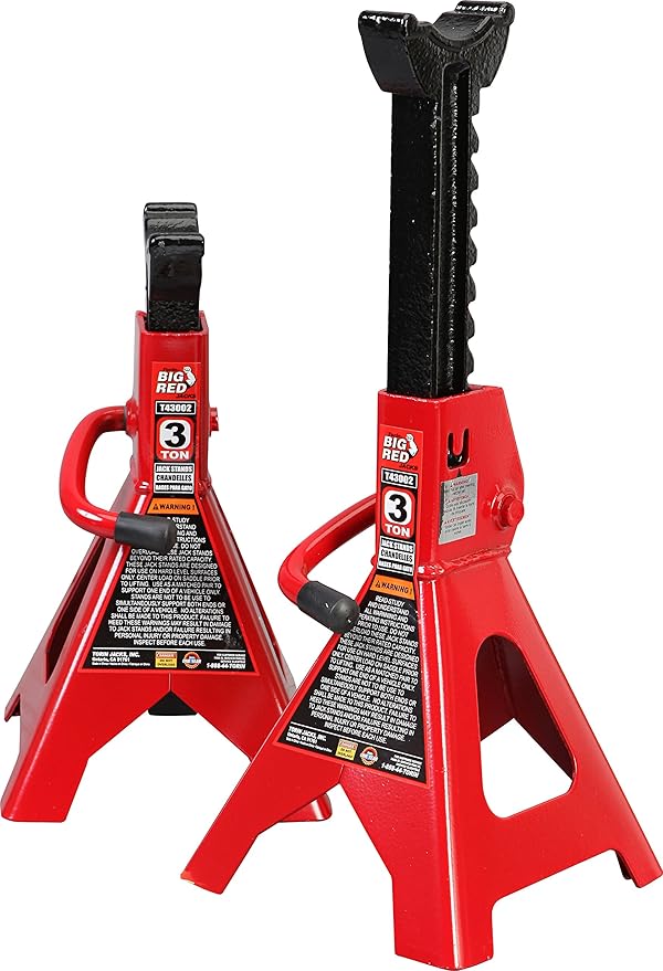 Powerbuilt Alltrade 640912 Black 3 Ton, All-in-One Bottle Jack & Big RED T43202 Torin Steel Jack Stands: 3 Ton (6,000 lb) Capacity, Red, 1 Pair