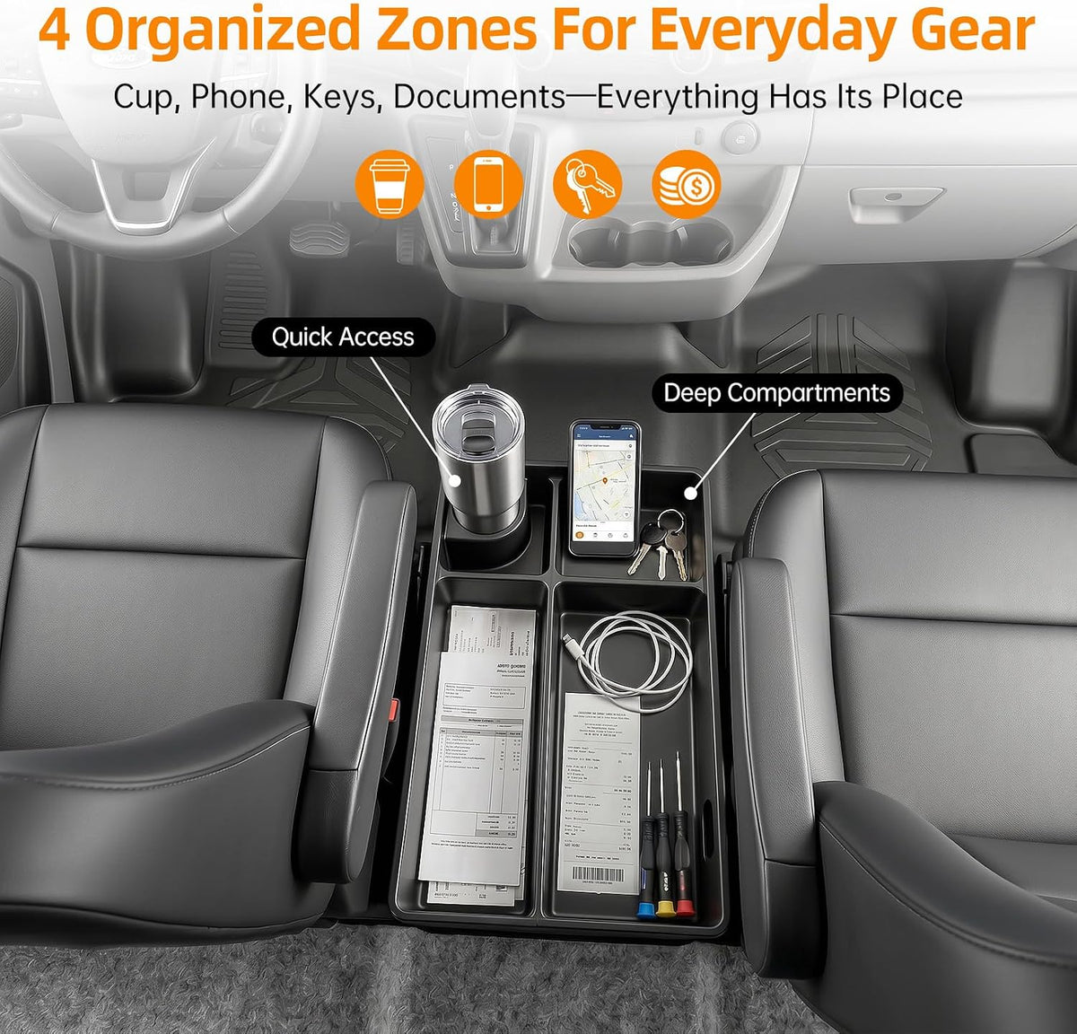 Floor Organizer Compatible with 2021-2026 Ford Transit Center Console Storage Organizer Under Seat Box Bin Cup Holder for Transit Accessories(Not for Transit Connect)