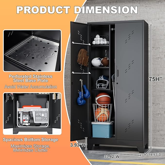 Golf Bag Storage Cabinet Fits 2 Bags, Metal Golf Bag Organizer with Lockable Doors, 75" Sports Equipment Organizer for Garage, Home, Office, Gym