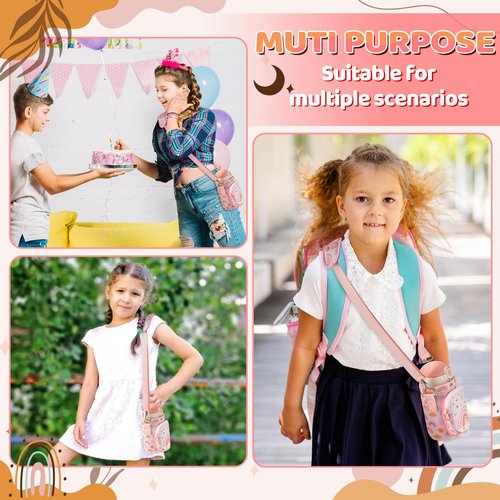 2ooya Water Bottle Carrier for Kids Boho Rainbow Water Bottle Holder with Strap Cute Cartoon Sling Bag with Padded Strap Pocket 10/12/14/16/18Oz for Girls School Walking Hiking Camping Trip