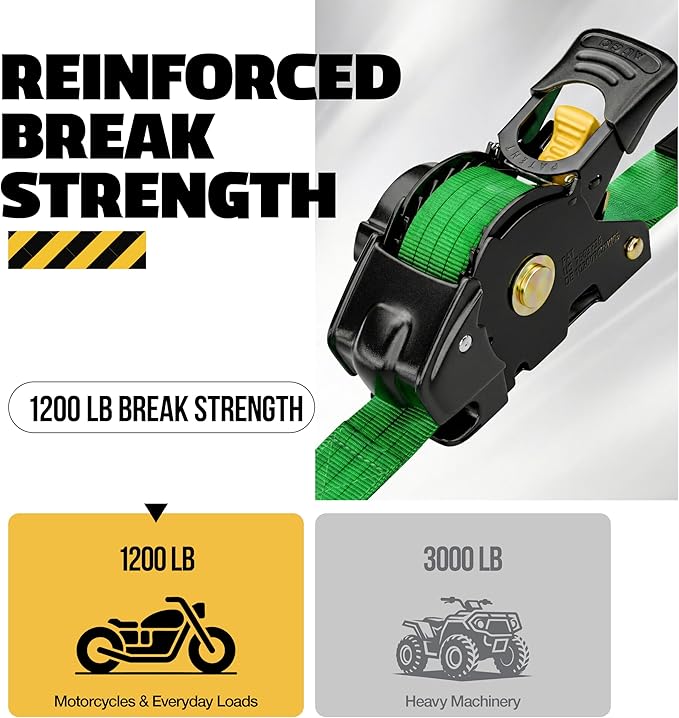 AUGO Retractable Ratchet Straps | 2 Heavy Duty Ratchet Straps Self Retractable Tie Downs with Soft Loops & Storage Bag for Motorcycle, Truck, Trailer, Cargo Van | 1200 Lb Break Strength 1” x 10’