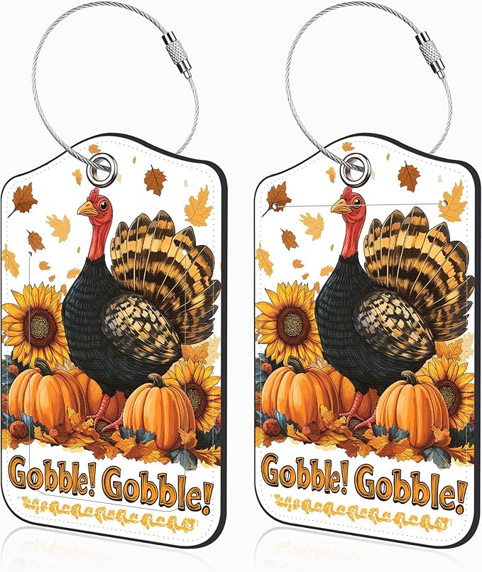 2 Pack Autumn Turkey and Pumpkin Luggage Tags for Suitcases Sunflower Leather Luggage Tags Privacy Cover ID Label with Stainless Steel Loop and Address Card for Women Men Travel Bag Backpack