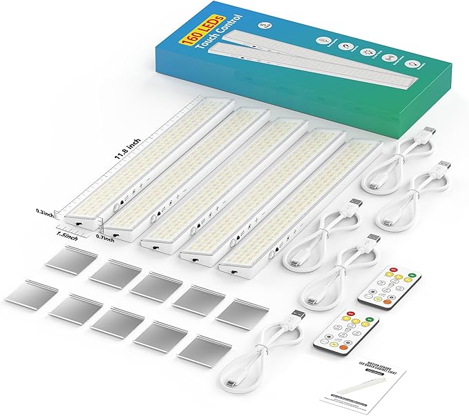 5Pack Touch Control Under Cabinet Lighting, 160LED Super Bright, 4000mAh Long-Lasting, Magnetic Rechargeable Motion Sensor Under Counter Lights for Kitchen, Closet, Remote, Dimmable, 3CC丨White