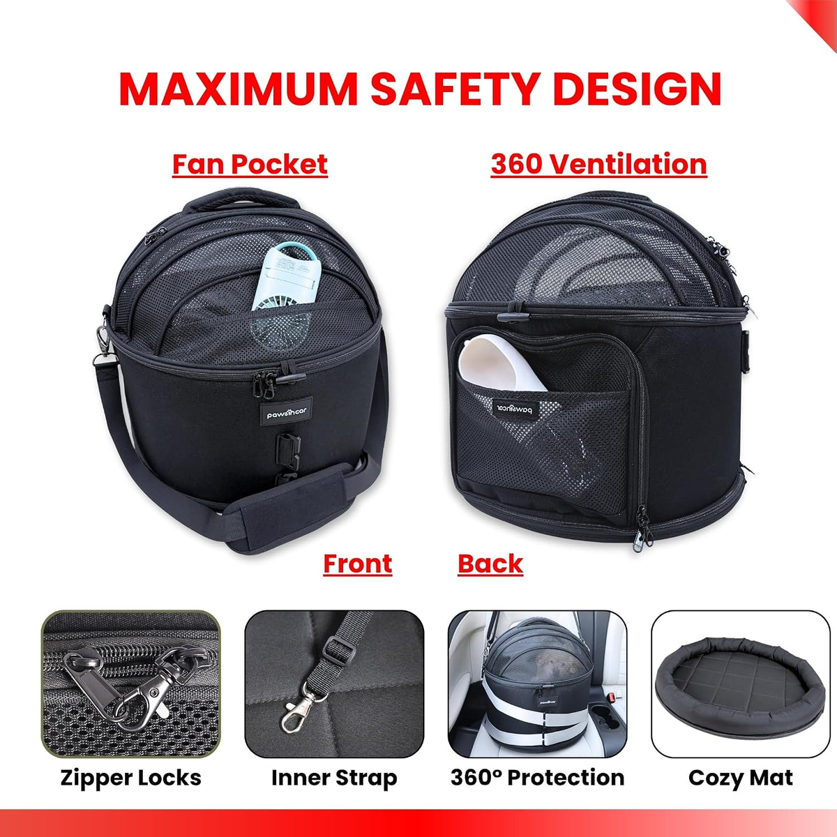 Crash-Tested 3-in-1 Portable Small Dog Car Seat, Cat Bed & Pet Carrier – CPS Certified for Crash Protection & Safe Travel (Black)