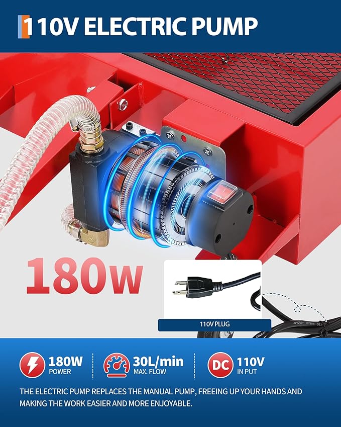 GarveeTech Low Profile Oil Drain Pan 110V, 25 gal Metal Oil Change Pan Large Capacity with 180W Electric Pump, 8 ft Hose & Folding Handle for Cars, SUVs, Trucks, Buses, RVs, Red