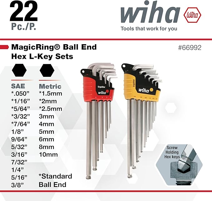 Wiha 66992 MagicRing Ball End Hex L-Key Set, 22 Piece, Inch & Metric, Free-Hand Grip, Hardened Tool Steel