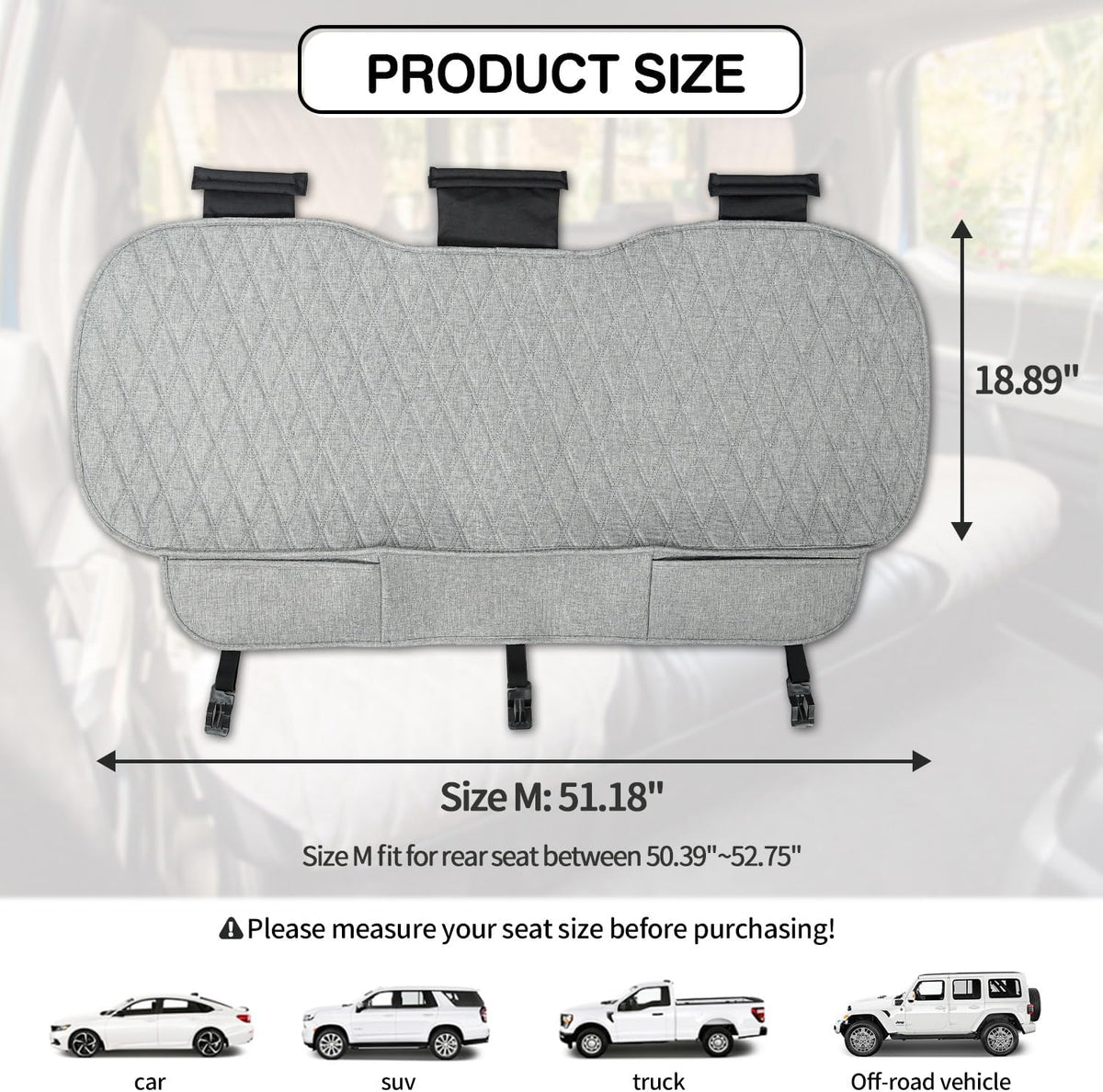 Universal Grey Anti-Slip Rear Car Seat Cover Size M - Faux Linen Bottom Bench Seat Cushion Fits Most of Vehicles Cars Truck SUV Van - Automotive Long Back Seats Protectors with Storage Pocket