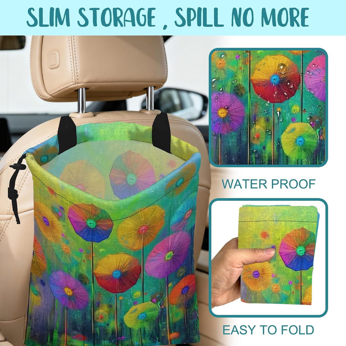 Car Garbage Bag Abstract Colorful Flowers Hanging Canvas Car Trash Bag Drawstring Car Back Seat Organizer for Car Back Front Seat Console with Adjustable Buckle