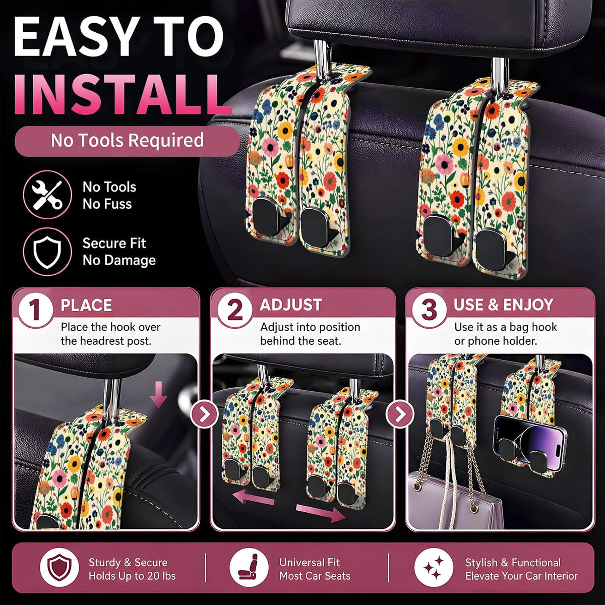 Car Seat Back Storage Hook, Funny Car Purse Hook, Cute Vehicle Storage Organizer for Purses Handbags Colorful Floral Pattern