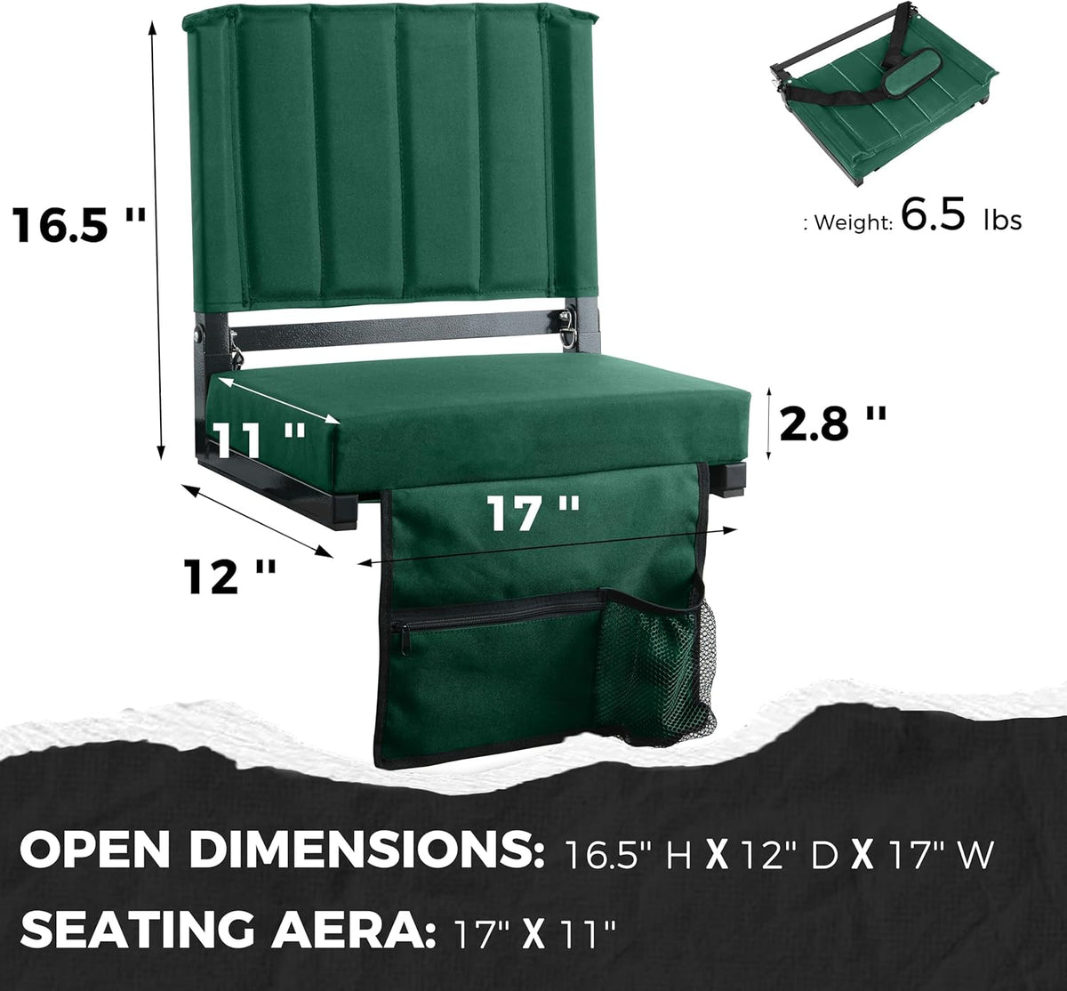 Sport Beats Stadium Seats - Comfortable Bleacher Chairs with Back Support & Cushion | Hunter Green, 2-Pack - 17" W x 12" D x 16.5" H