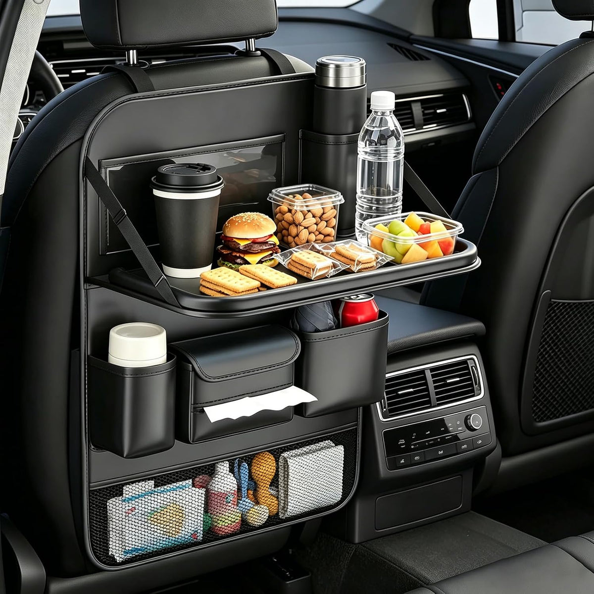 Car Backseat Organizer with Foldable Table Tray, Car Seat Protector, Black