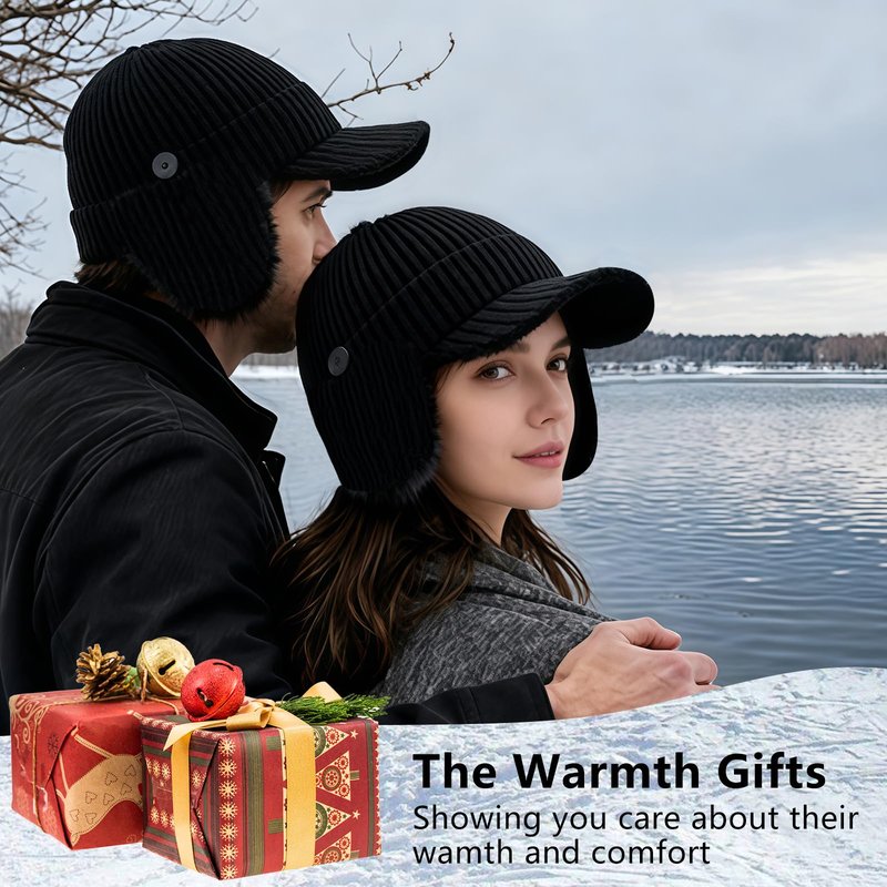 SEEK SURE Winter Hat with Visor Warm Fleece Lined Beanie with Brim Ear Protection Cuff Knit Cap for Men Women, XL/XXL Black
