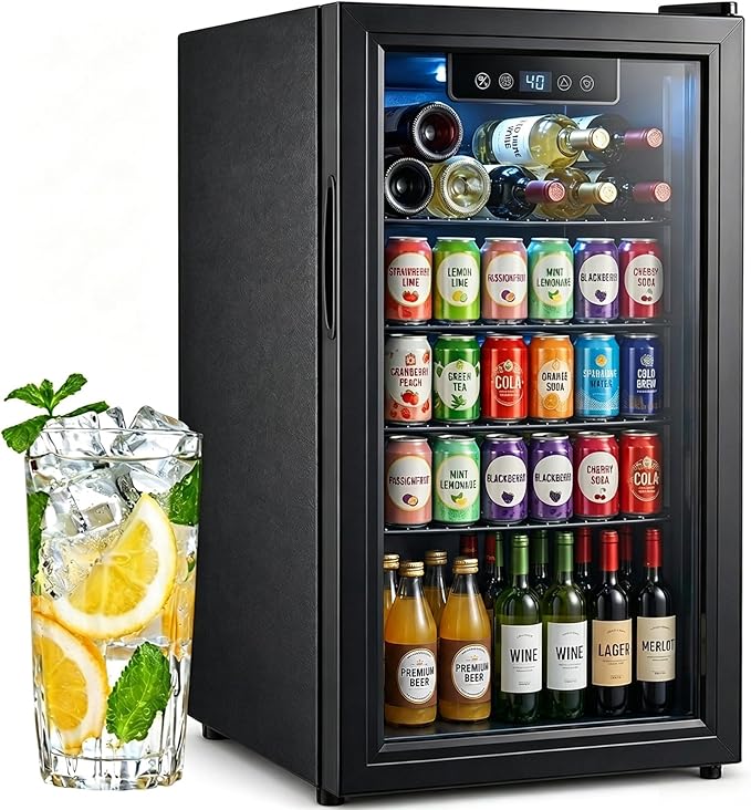 Beverage Refrigerator, 3.2 Cu.Ft Mini Fridge with Glass Door & Air Cooling, and Electronic Temperature Control for Beer, Wine, Soda, Compact Drink Fridge for Home, Office, Bar (3.2 Cu.Ft)