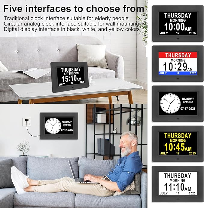 7-Inch Digital Alarm Clock. Displays Time, Day and Month.Features 12 Alarm