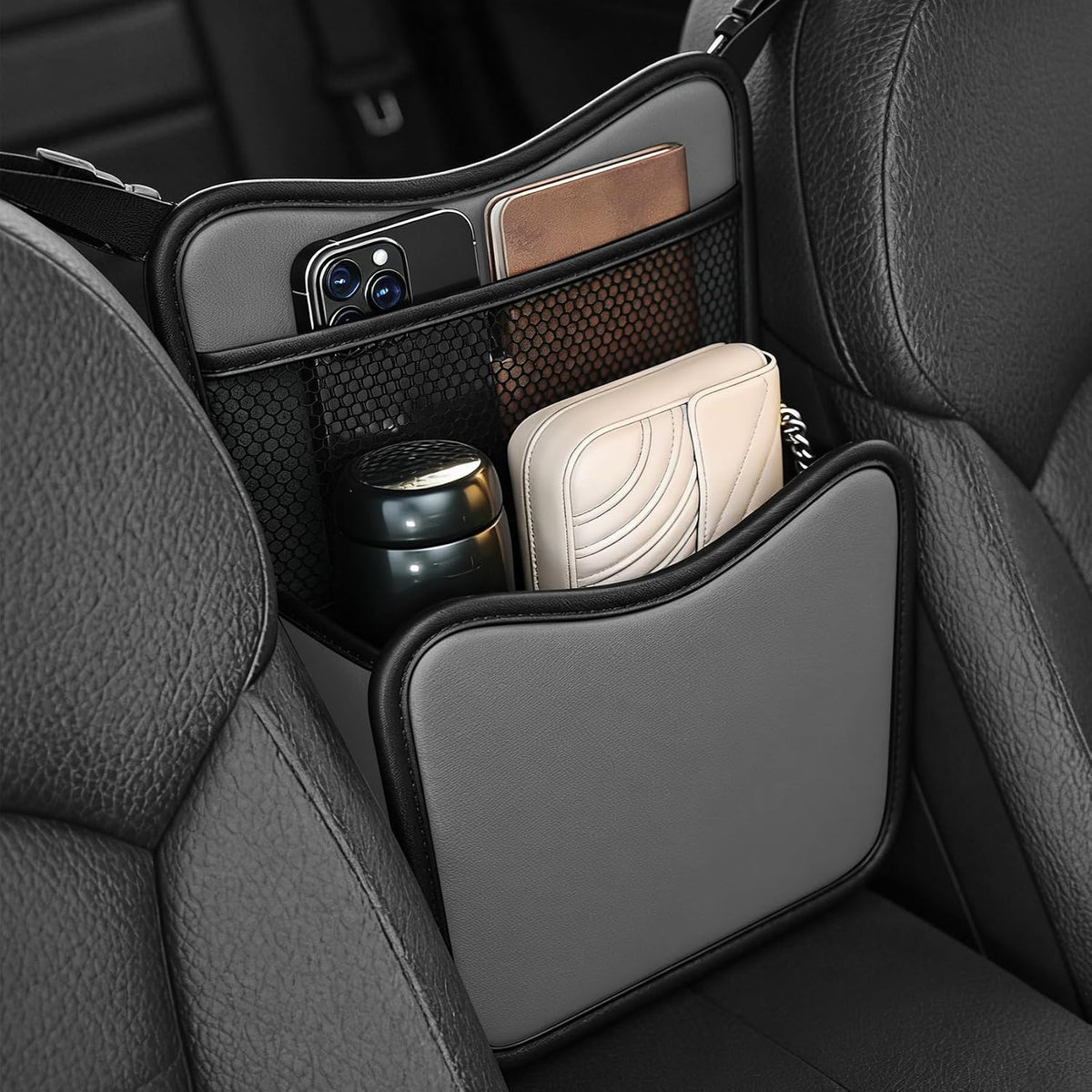 Car Organizer Storage Between Seats, Car Purse Holder, Nappa Leather Front Seat Storage Bag with Tissue Holder, Large Capacity Auto Console Organizer for Document Phone Wallet Snack (White)