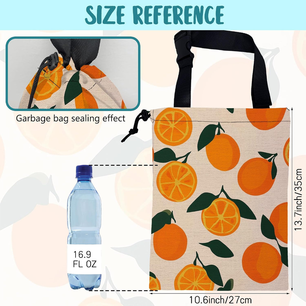 Car Trash Bag Vintage Orange Green Leaves Leak-Proof Car Garbage Bag with Drawstring Foldable Canvas Trash Bin with Adjustable Buckle for Car Accessories, Travelling, Camping