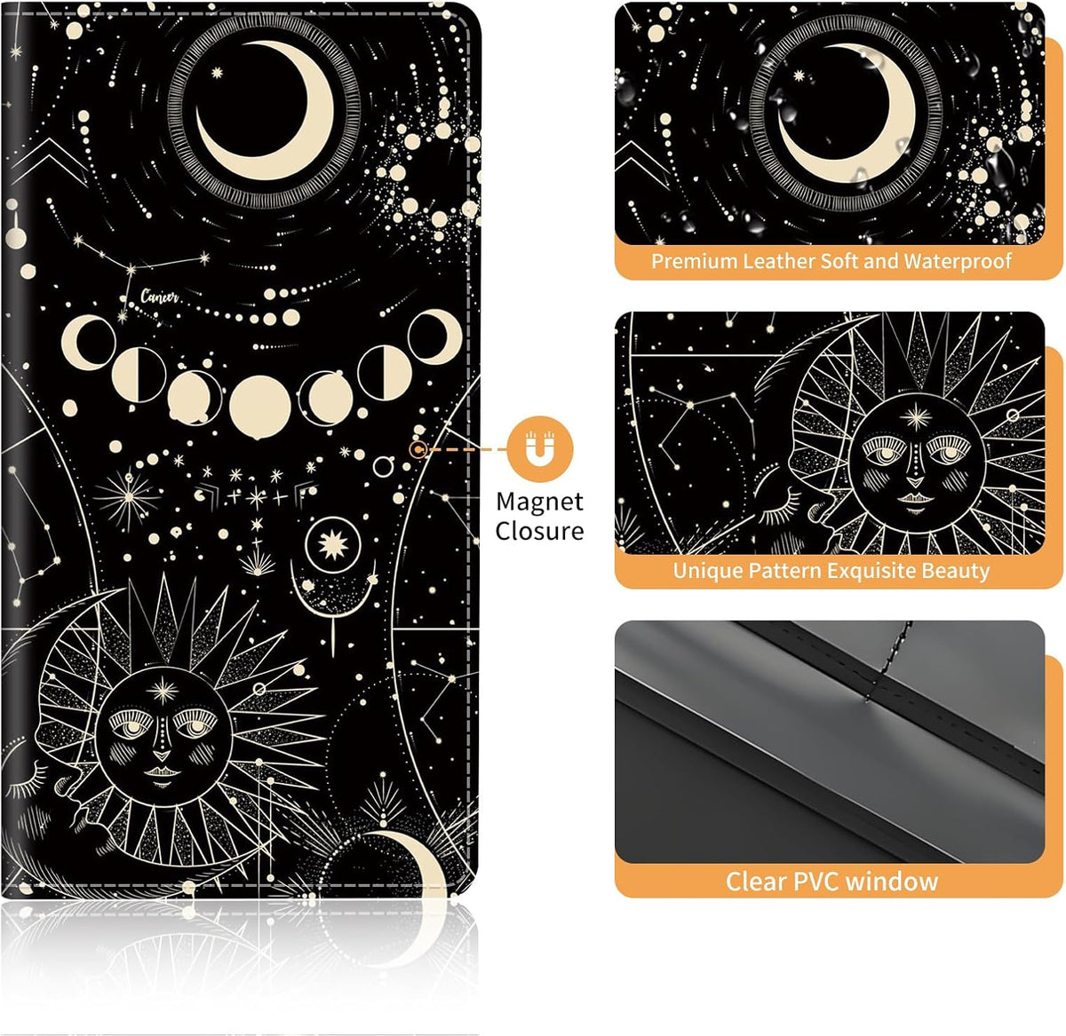 Premium Leather Car Registration and Insurance Card Holder with Magnetic Shut, Cute Vehicle License Document Glove Box Compartment Organizer Cool Car Accessories Black Gold Celestial