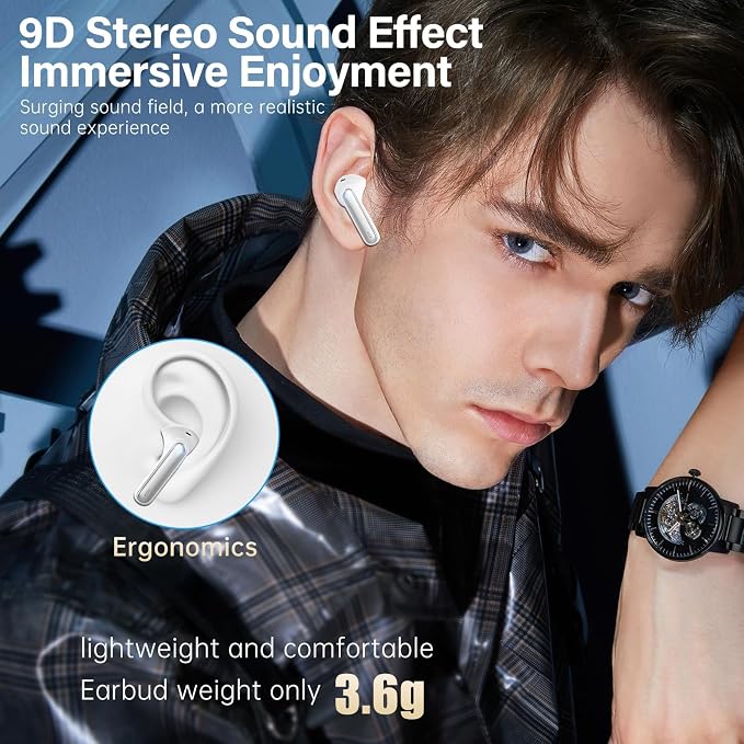 Wireless Earbuds, Bluetooth 5.3 Headphones HiFi Stereo 50H Playback LED Digital Display Ear Buds with ENC Noise Canceling Headset, IPX7 Waterproof Earphones for Gym/Running/Work（White）