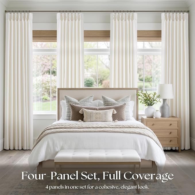 Pinch Pleat Linen Extra Long 126 Inch Curtains 4 Panels Set Ivory Cream Memory