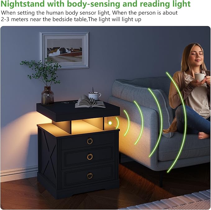 HNEBC Nightstand with Gun Drawers, LED Farmhouse Night Stand with Charging Station, Smart End Table with 3 Color Auto Light, Bedside tabel with Hidden Compartment for Bedroom Furniture-Black