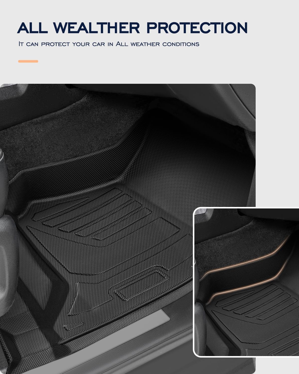 All Weather Floor Mats 2014-2018 for Chevy Silverado & GMC Sierra 1500, 2015-2019 2500HD 3500 HD, Only Crew Cab & Front Center Console & Bucket Seat, Waterproof TPE Rubber Car Accessories