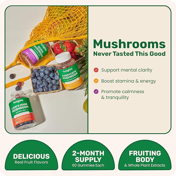 Fungies Mushroom Gummy 3-Pack Bundle, Lion's Mane, Cordyceps & Reishi Gummies for Adults - Mushroom Gummies Supports Brain Health, Gut Health, Energy & Daily Wellness - 180 Servings
