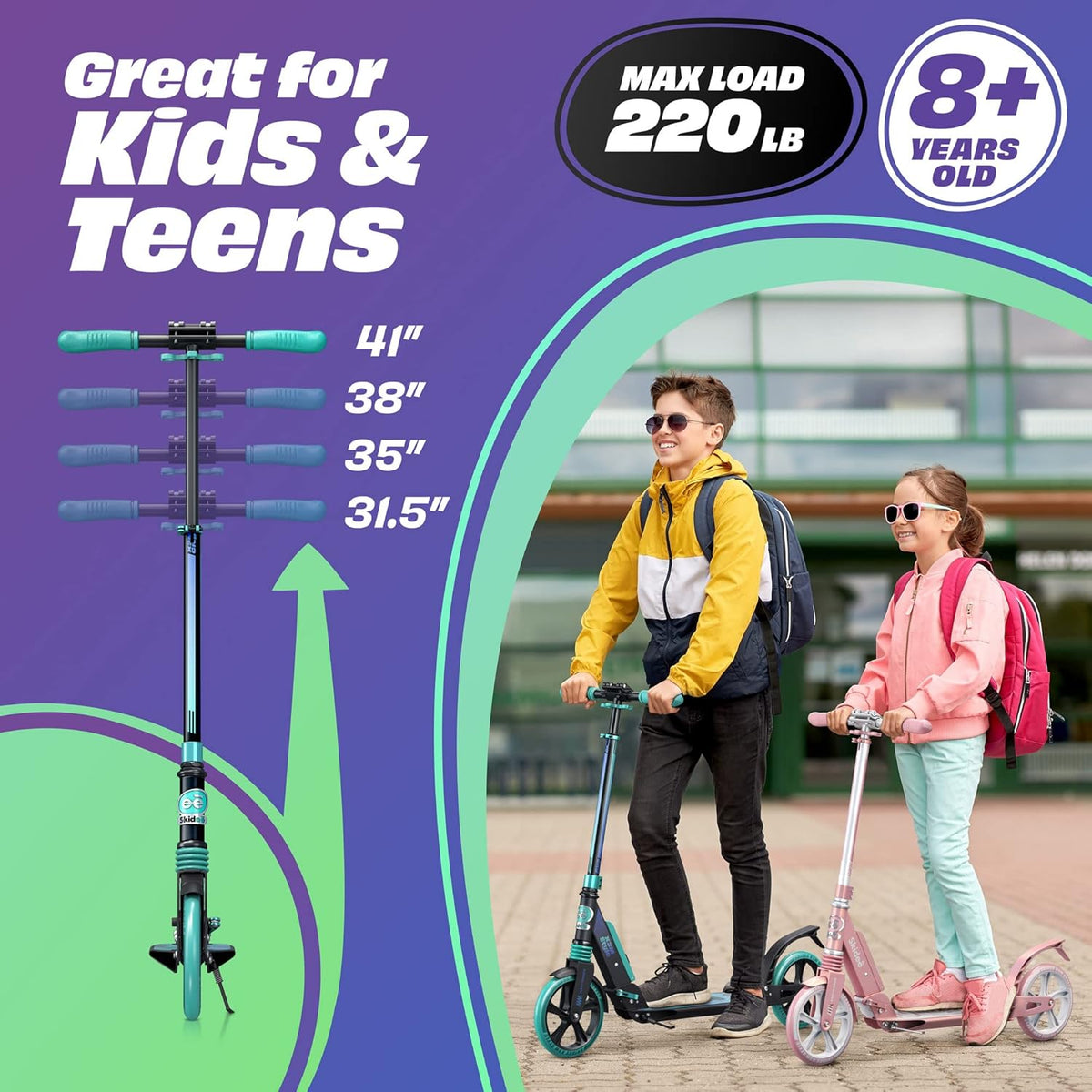 Skidee Scooter for Adults & Teens - Adjustable Height, Lightweight, Durable, Anti-Shock Suspension, Large Wheels, 220 lbs Capacity