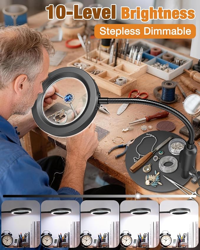 30X 10X Magnifying Glass with Light and Stand, 5 Color Modes Stepless Dimmable