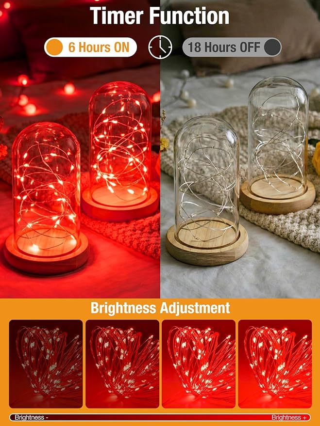 btfarm 4 Pack Valentines Day Fairy Lights Battery Operated with Timer, 16.4 FT 50 LED Silver Wire Twinkle String Lights 8 Modes Dimmable Waterproof for Indoor Party Christmas Bedroom Wedding, Red