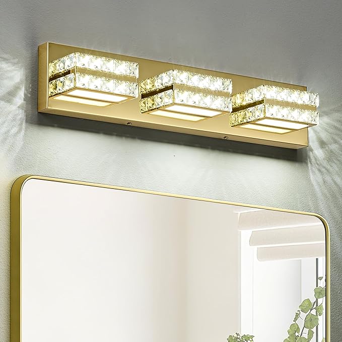 OKELI Crystal Vanity Lights LED Bathroom Vanity Light Fixture Over Mirror Modern Indoor Gold Lamp, 6000K Cold White Dimmable, 3-Lights, 20W, ETL Listed