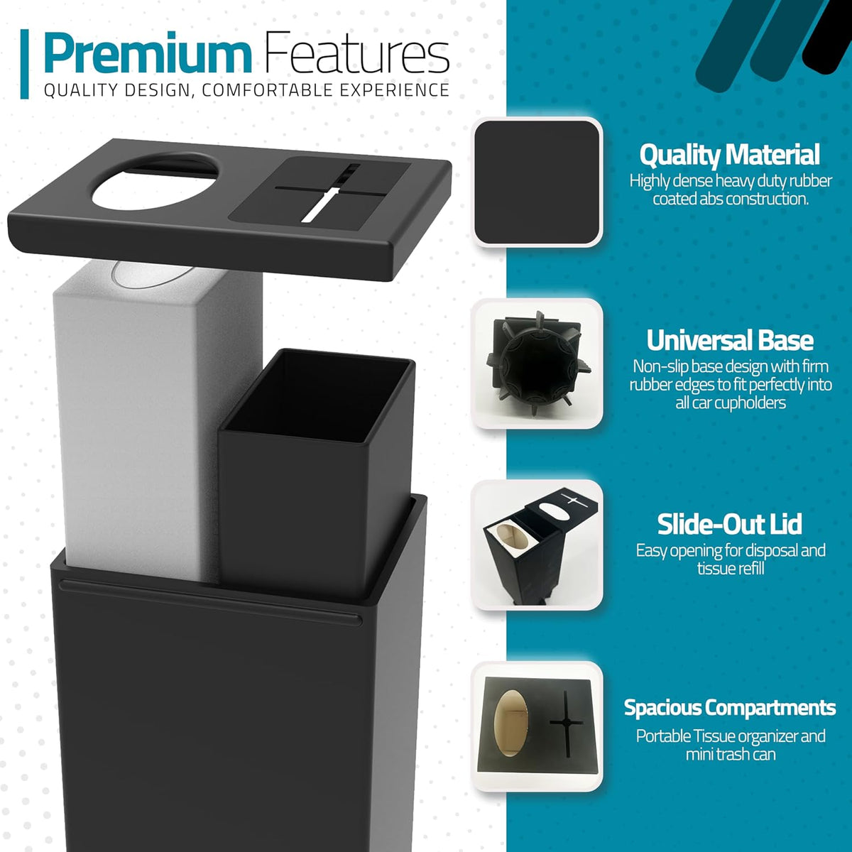Superior Essentials 2 in 1 Car Tissue Box Holder and Mini Trash Can - Elegant Black
