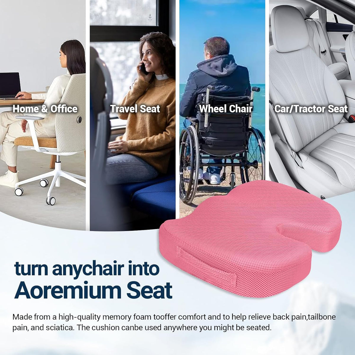 Season Guard Tailbone Pain Relief Office Chair Seat Cushion, Memory Foam Gel Seat Cushion for Sciatica Pain Relief with Washable Cover, Butt Cushion for Long Sitting, Mesh, Pink